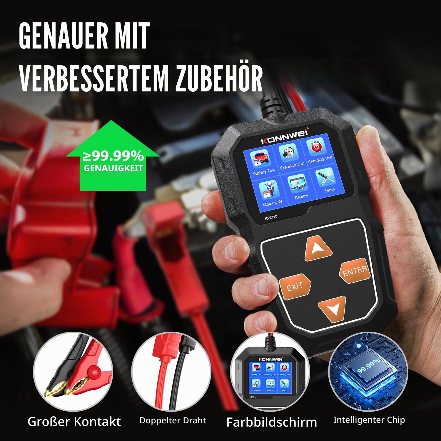 Autobatterie-Tester 6V 12V, KONNWEI KW218 Batteriespannungs-Tester 100-2000 CCA Lichtmaschinen-Tester Auto Digitales Batterie-Analysegerät für Auto, Motorrad, Boot, Yacht