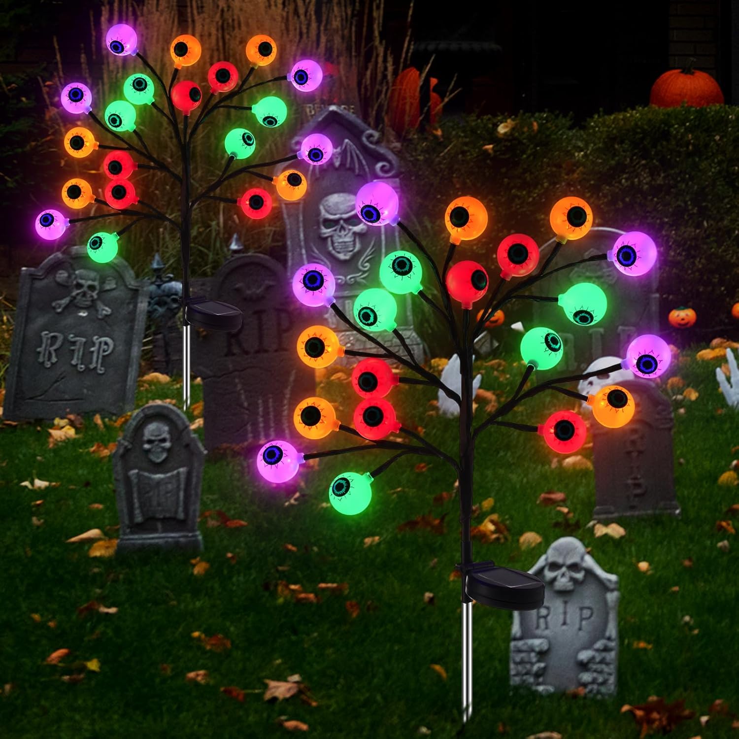 2 Pcs 40 LED Solar Halloween Eyeball Lights with 8 Lighting Modes Scary Eyeballs Lights Waterproof Halloween Stake Lights for Porch Lawn Garden Pathway(Purple, Orange, Red, Green)