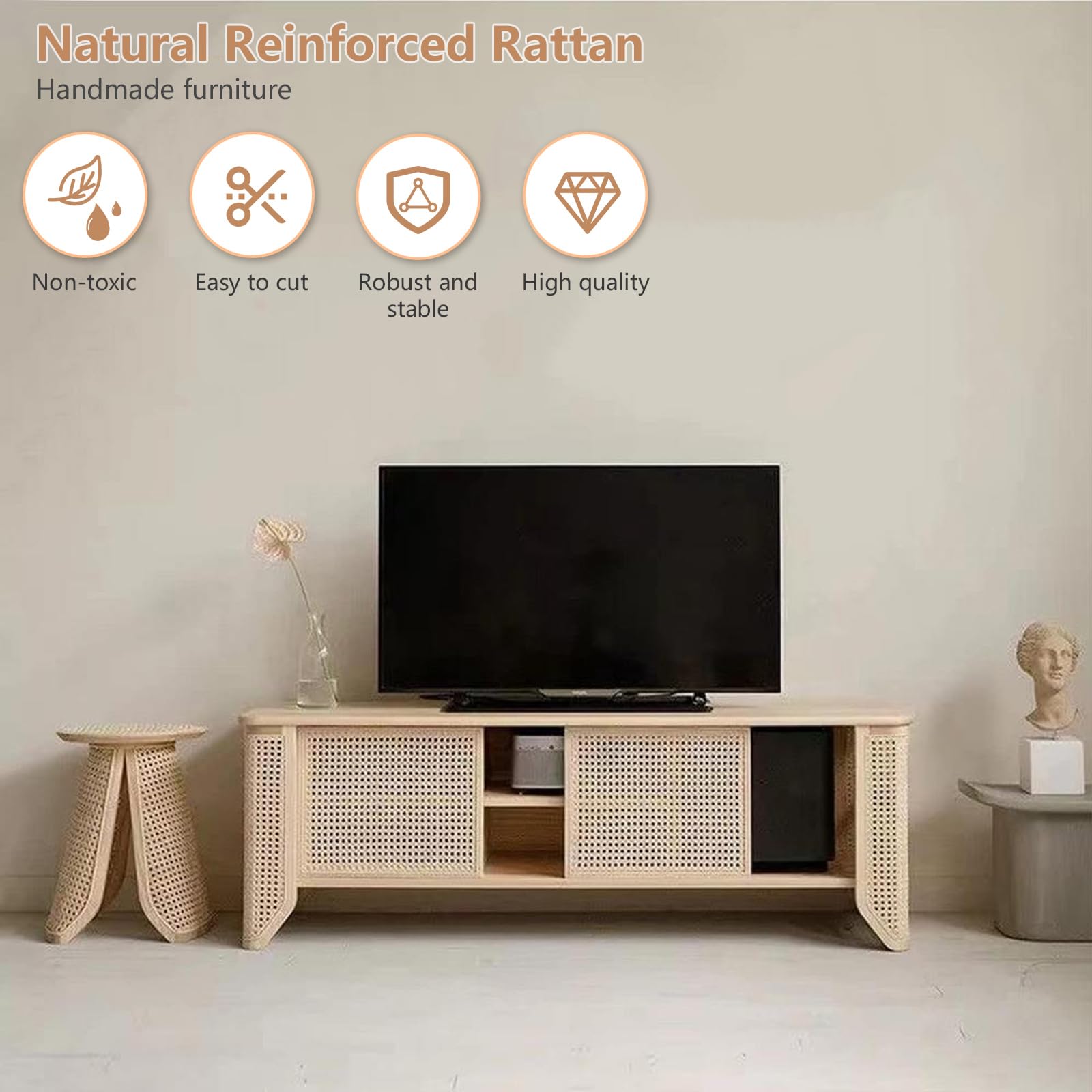 Rollo de cinta de ratán natural, tejido de nido de abeja, para muebles y decoración del hogar + guantes (150 x 50 cm, color natural)