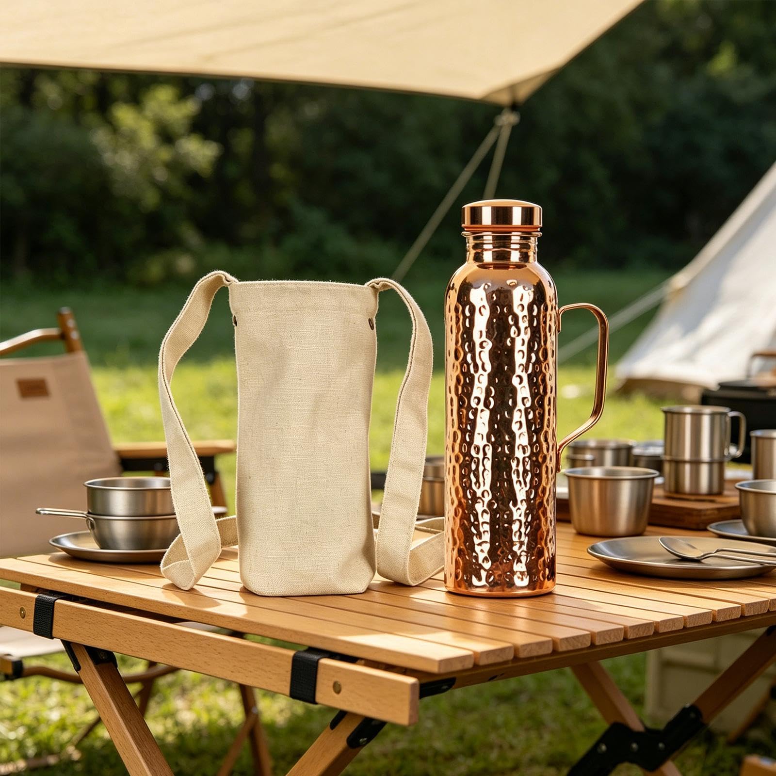Bouteille D'eau Portable En Cuivre, Fabriquée à La Main, Idéale pour La Randonnée et Les Activités de Plein Air.