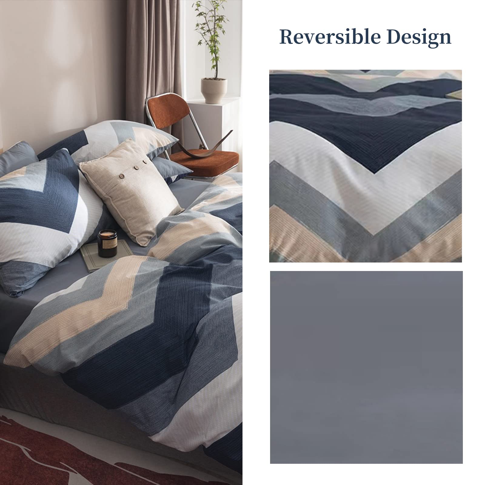 4pcs Duvet Cover Set- 100% Cotton Comfort Duvet Cover Set,a Duvet Cover,a Deep Pocket Fitted Sheet,2 Pillow Shams Home Bedding with Zipper Closure for All Season (Queen (U.S. Standard), Chevron)