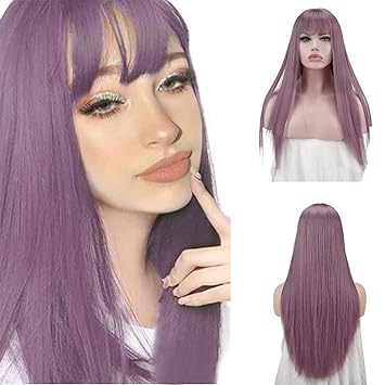 Sofeiyan 26 inches Long Straight Wig with Bangs Purple Synthetic Hair Replacement Wigs Heat Resistant Full Wig for Women Girls