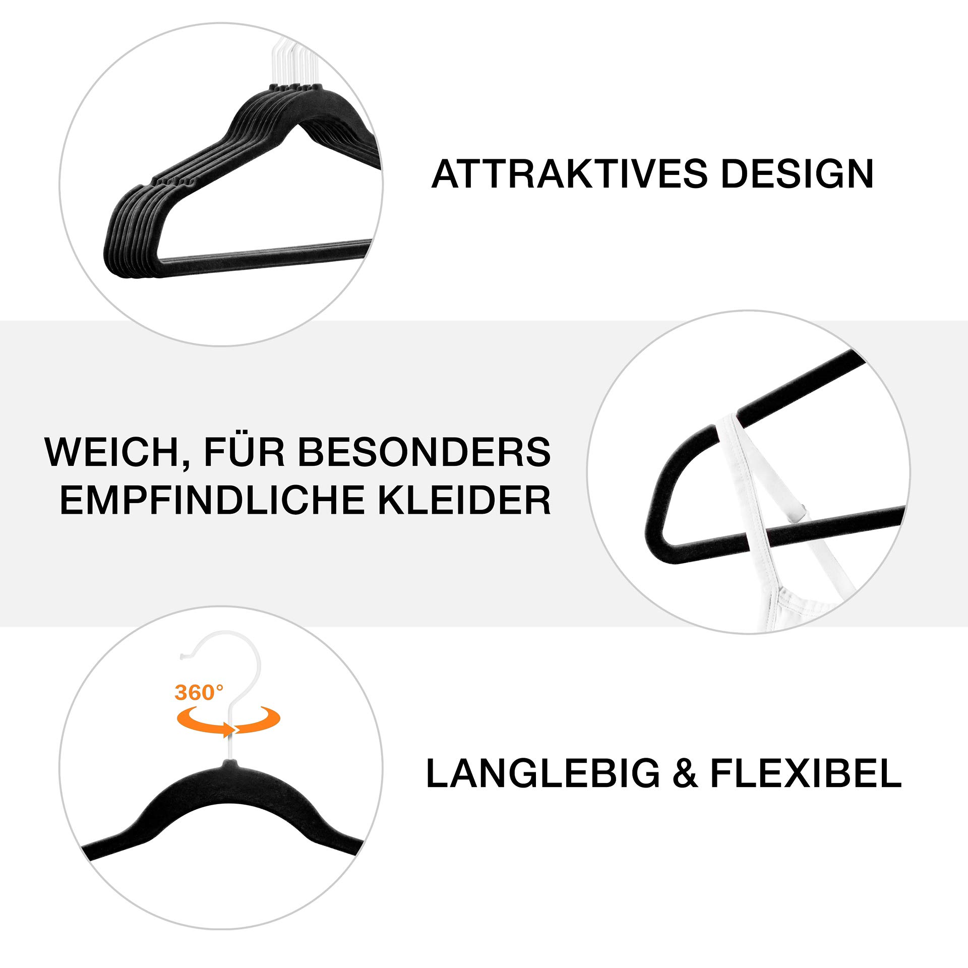 100 Stück hochwertige Samt Kleiderbügel in der Farbe Schwarz mit weißem Haken/Anti-Rutsch/von StickandShine
