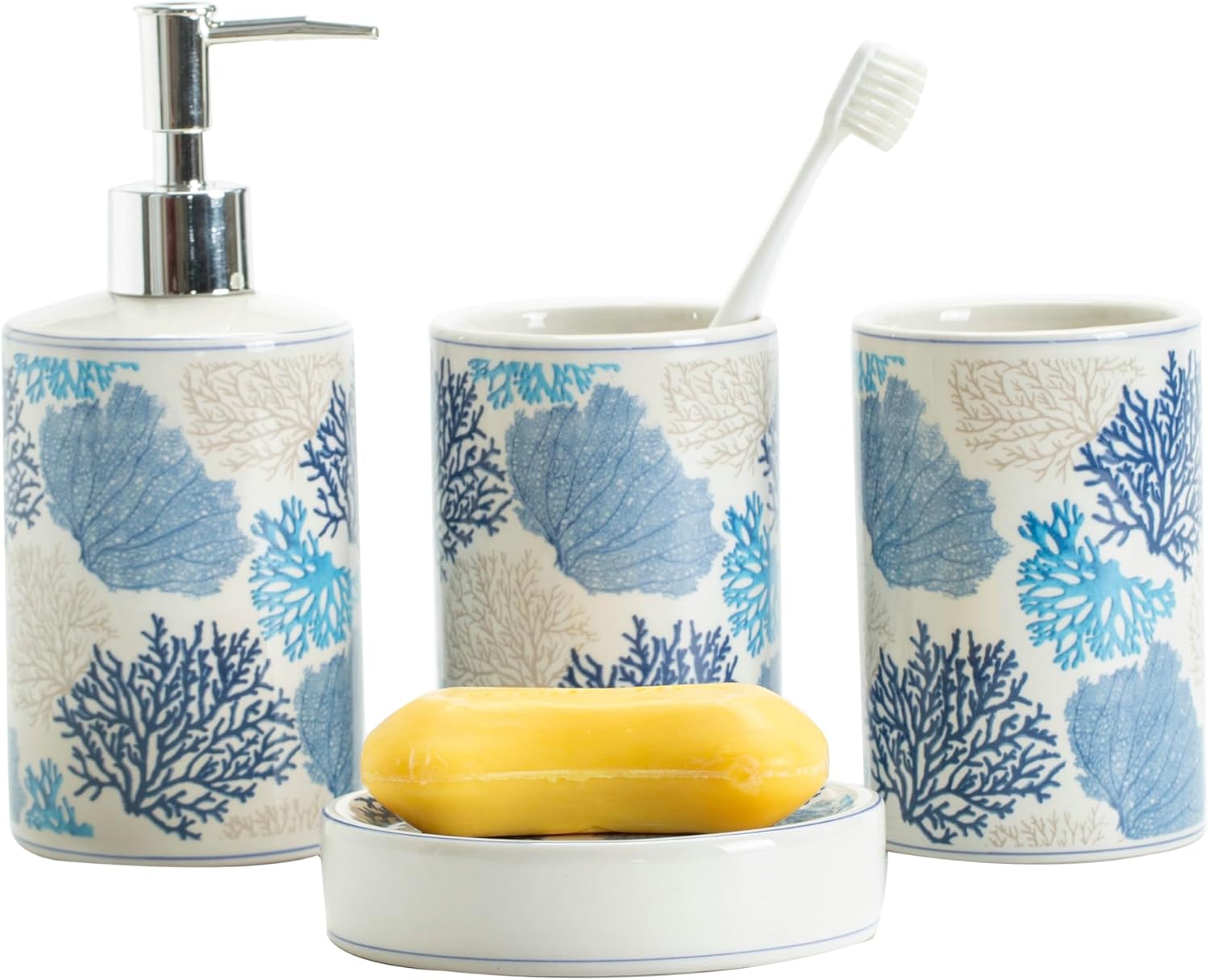 Chinese Blue and White Porcelain Bathroom Set – 4-Piece Ceramic Bath Accessory Set with Lotion Dispenser, Toothbrush Holder, Tumbler, and Soap Dish