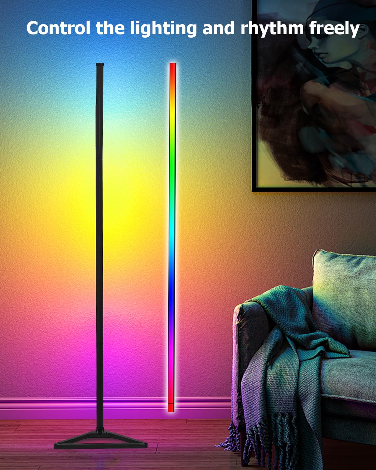 LED Lampa podłogowa Salon,RGB Narożna Lampa Ściemnialna ze zdalnym sterowaniem i sterowaniem aplikacją,16 milion kolorów,300 Tryby muzyki,Led Lampa podłogowa do salonu,Sypialnia,Pokój zabaw