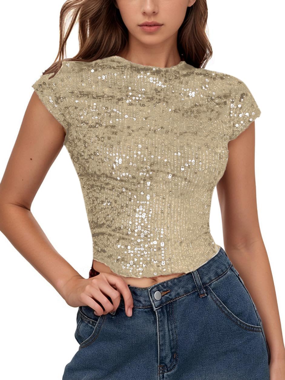 WDIRARA Women's Sequin Boat Neck Shirts Sparkle Glitter Backless Tee Cap Sleeve Crop Tops