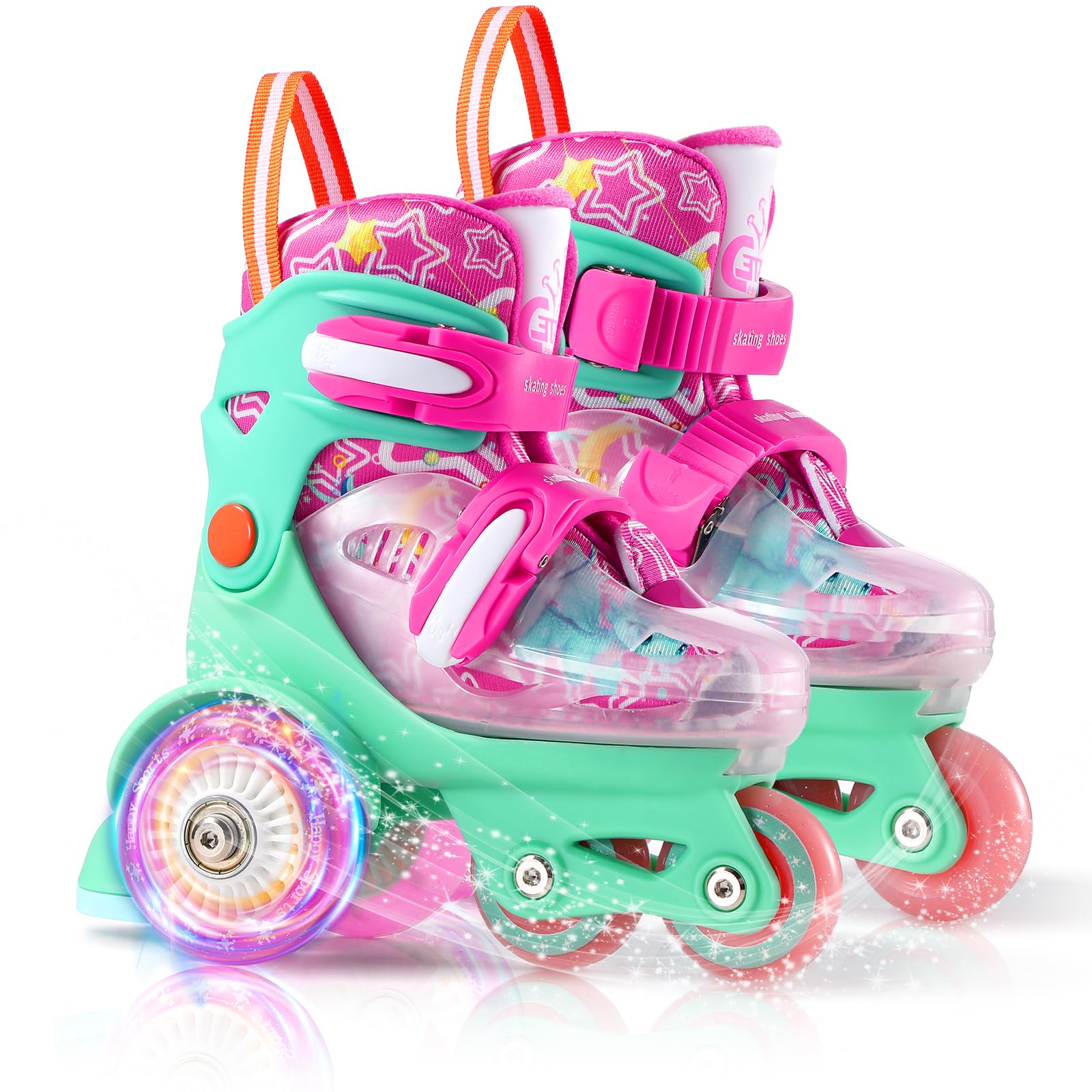 Toddler Roller Skates, 4 Adjustable Sizes, Light-up Wheels, Safety Three-Point Balance, Beginner Skates for Ages 3-8 Girls Boys Kids, Suitable Indoor & Outdoor Use (Green&red, XS-Small(8C-10.5C US))