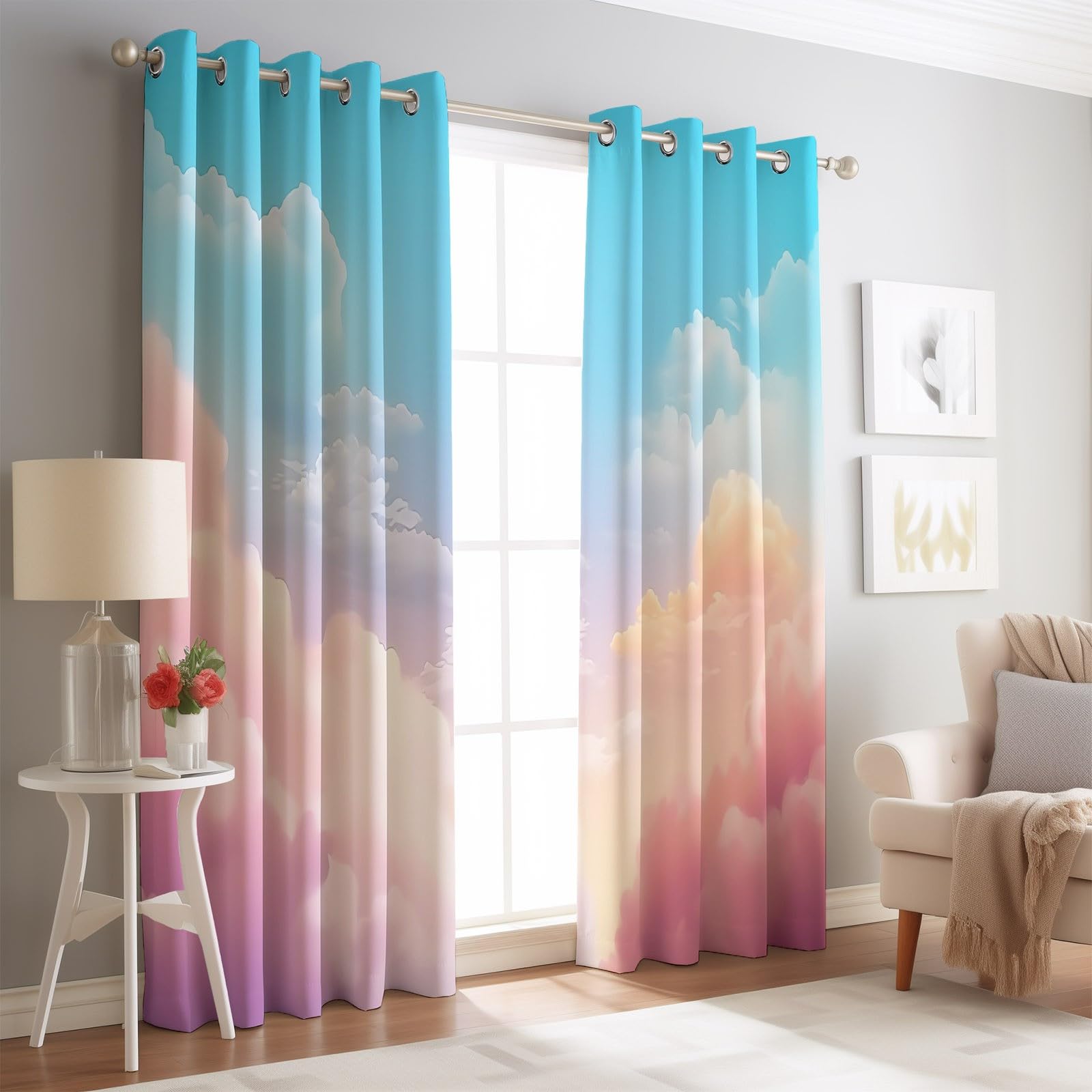 Décoration Nuages Oniriques Ciel, Rideaux Longs 140L X 260H cm (2 Panneaux), Tissu Occultant Thermique pour Baie Vitrée, Rose Bleu