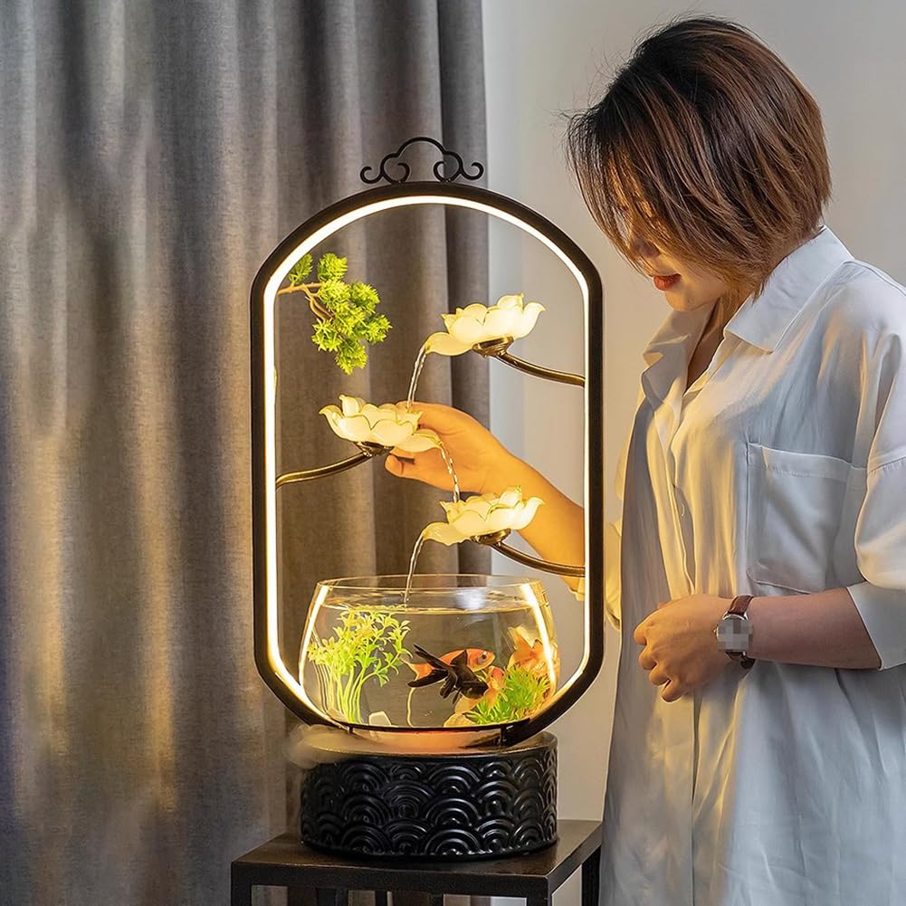 Innen-Desktop-Wasserspiel-Aquariumbrunnen, Aquarium Mit LED-Lichtring, Glasaquarium Mit Keramiksockel, Künstlicher Landschafts-Desktopbrunnen,C