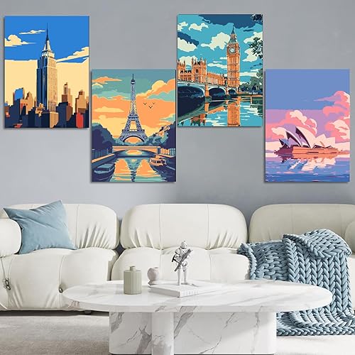 Miniatura 3 de Jethami Paquete de 4 mini pintura por números para adultos con marco, kit de pintura de paisaje por números de Easy City Landmark por números, sobre