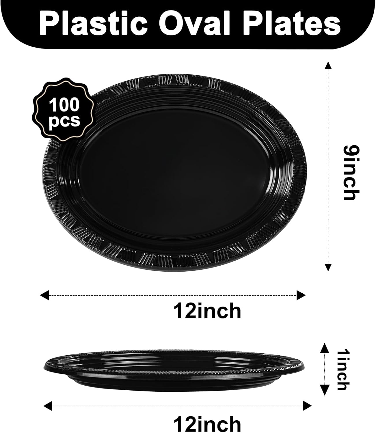 100pcs Black 12 Inch Oval Plastic Plates, Disposable Heavy Duty Oval Serving Platters, Large Plastic Oval Dinner Plates for Wedding, Anniversary, Dinner Party, Catering, BBQ & Holiday Gatherings