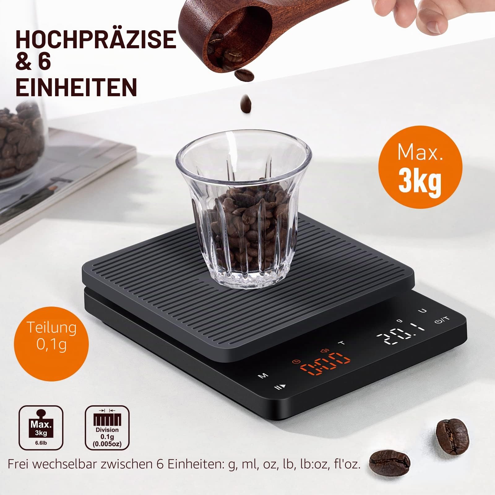 Bagail Digitale Kaffeewaage mit Timer 0,1 g Hochpräzise Elektronische Küchenwaage mit Großem Display und Automatischer Tarierung, Wiederaufladbare Waage für Filterkaffee, Max. Gewicht 3 Kg
