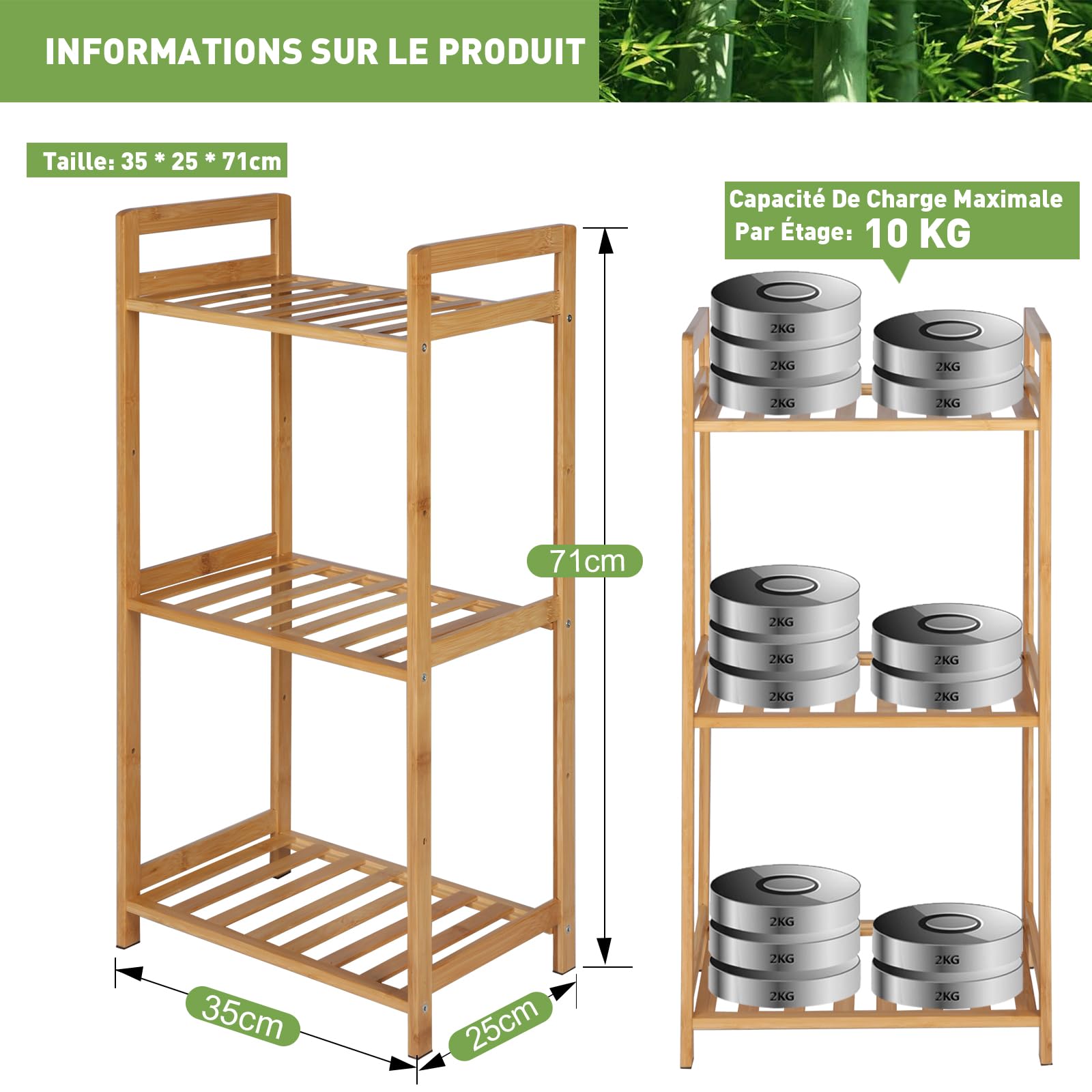 PACHIRA Standregal mit 3 Ablagen, 35 x 25 x 71 cm Bambusregal, Stehendes Lagerregal Aus Bambus, Als Küchenregal, Badregal, Bücherregal, Schuhregal, Holzregal Für Badezimmer, Küche, Wohnzimmer, Balkon