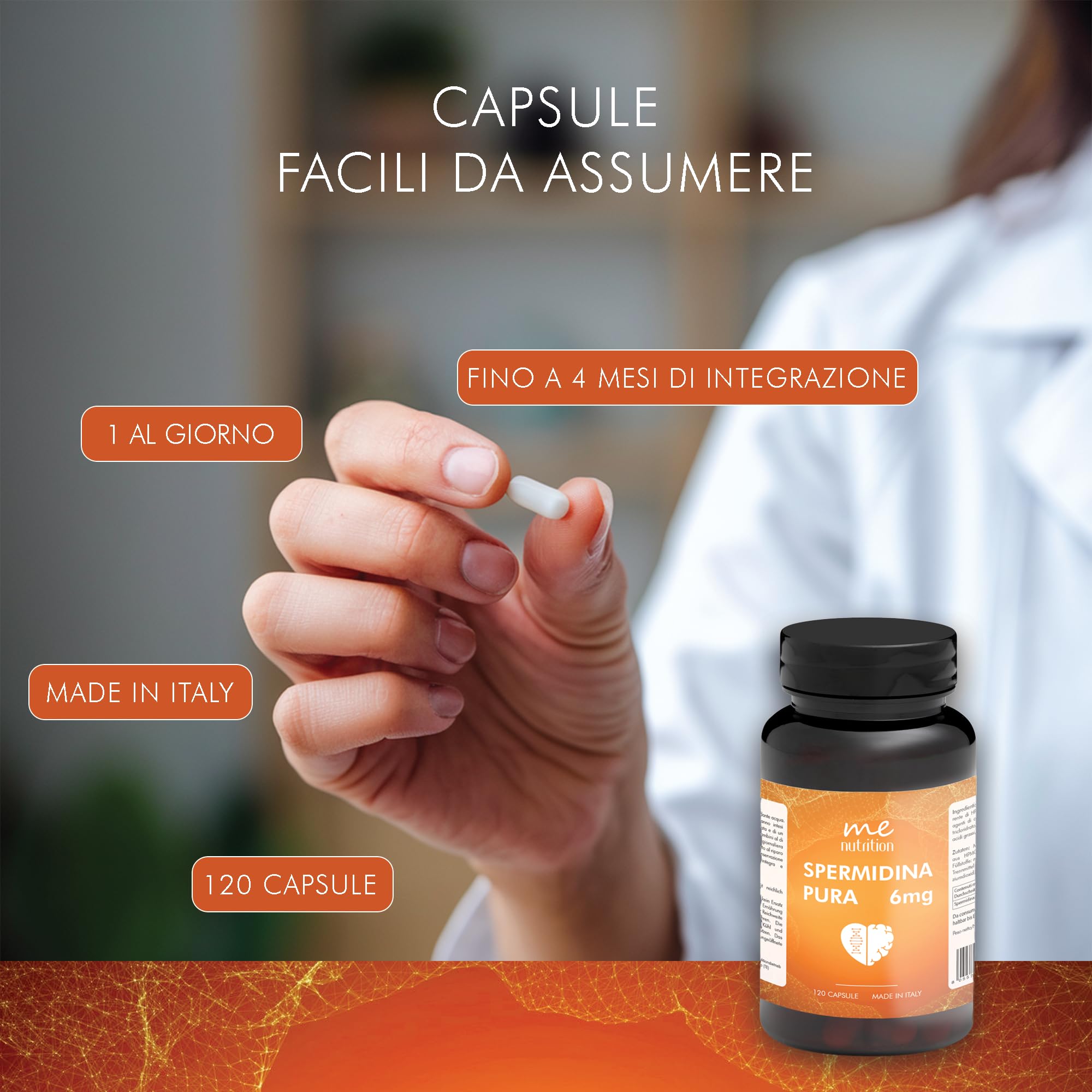 Spermidina Pura Alto Dosaggio | 6mg per dose | 120 capsule | Supporto Cellulare Anti-Age con Benefici per Cuore, Cervello e Longevità Made in Italy | Me Myeasy