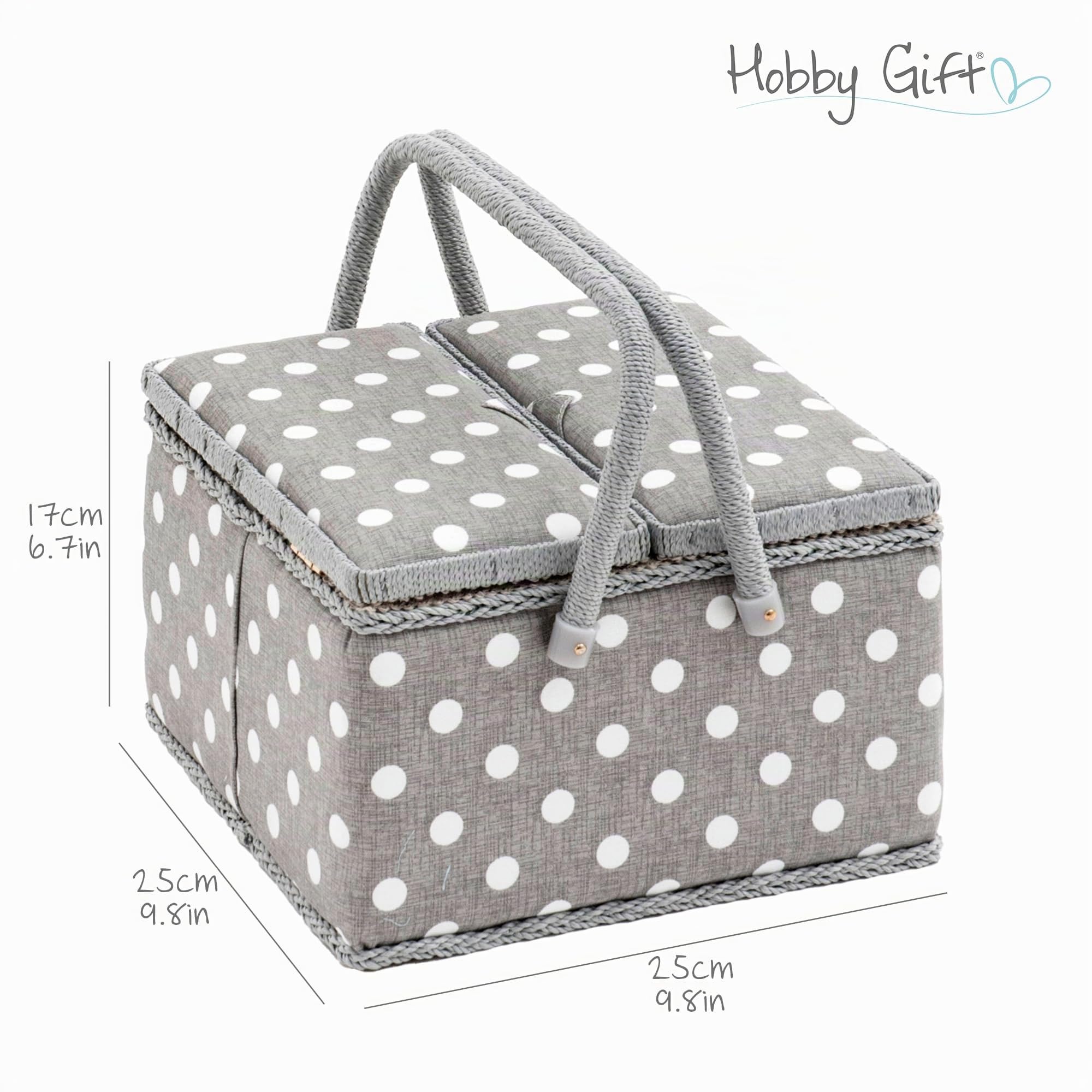 Hobby Gift Caja de Costura Grande con Doble Tapa y Asa, Cesta de Algodón con Compartimentos para Herramientas, 25 x 25 x 17 cm, Lunares Gris