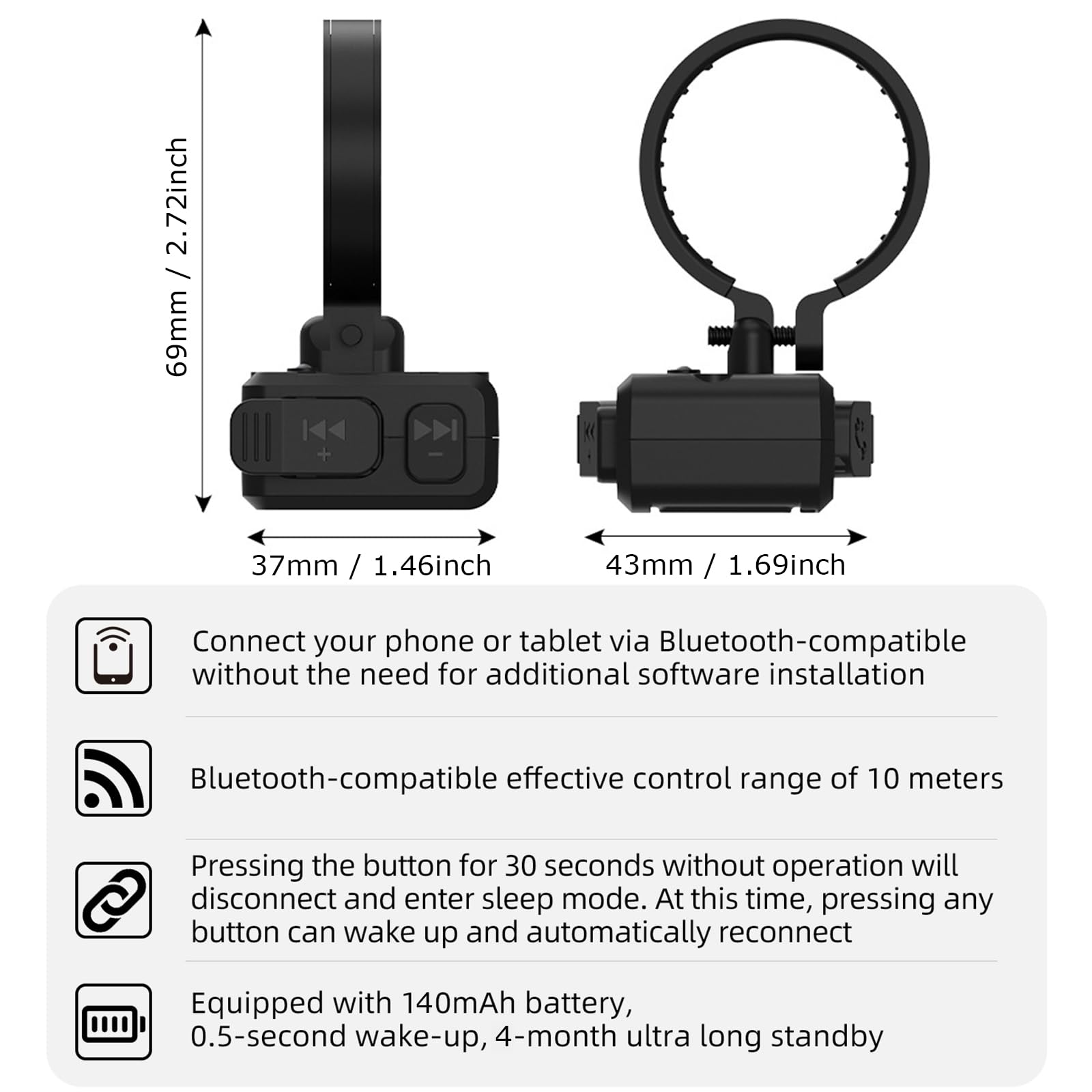 Pulsante multimediale Bluetooth wireless IPX6 Telecomando impermeabile per manubrio della bici del motociclo Supporto per manubrio Siri Voice Assistant Telecomando wireless ricaricabile per iPhone