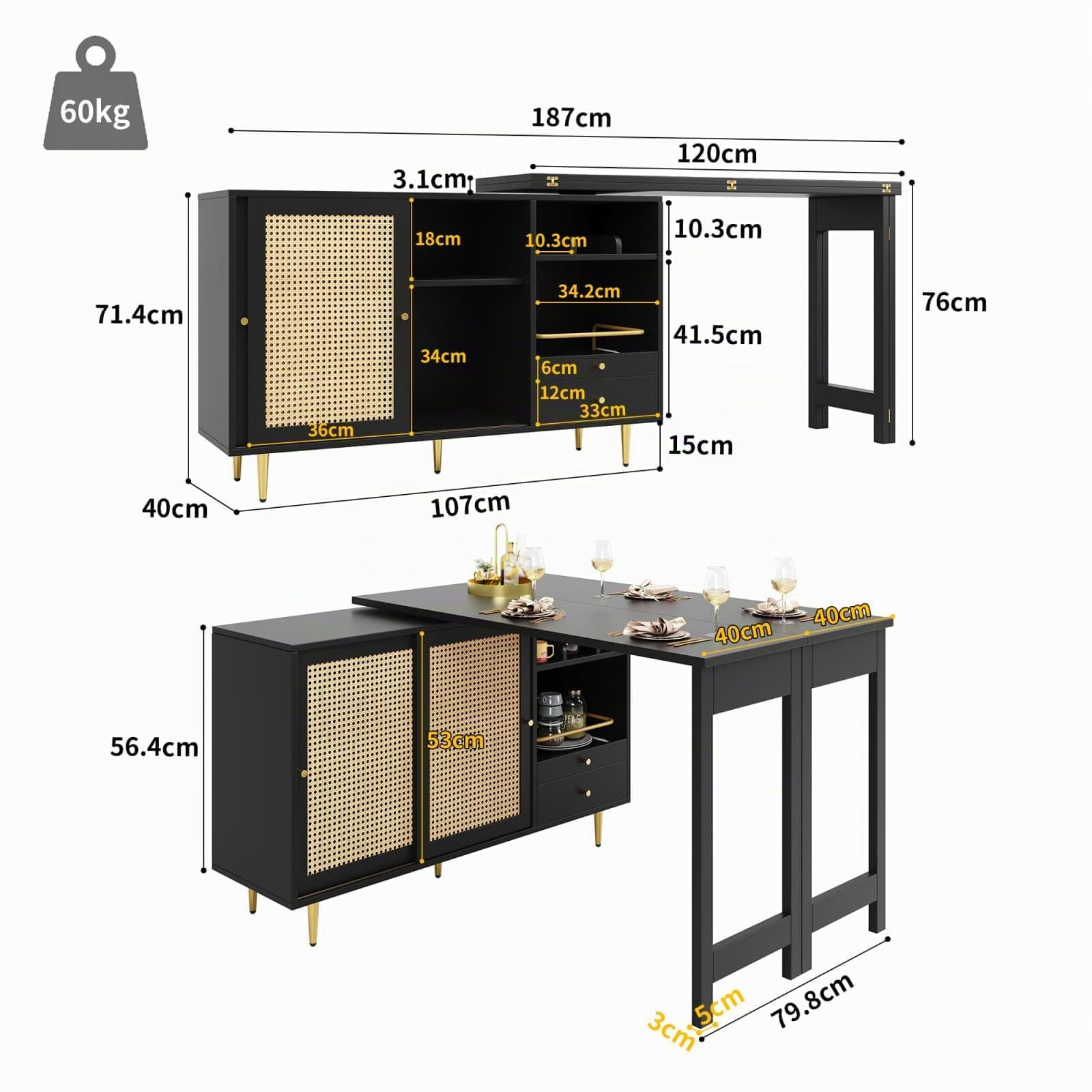 KOMHTOM Central Cuisine avec Rangement et Plan de Travail Table Cuisine Petit Espace, desserte Cuisine avec tiroirs et 2 Portes Table Bar avec Table à Manger et buffets (Noir)(Chaise Non Incluse)