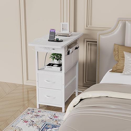 Miniatura 2 de Mesa auxiliar pequeña con estación de carga, mesita de noche estrecha con bolsillo de almacenamiento para sala de estar, dormitorio, mesa auxiliar