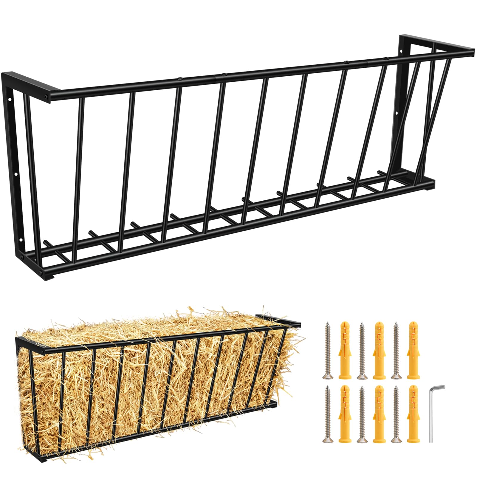 Metal Wall Mount Hay Feeder 40'' Long, 25 Gallon Livestock Feeder for Goats Horses Cattle, Indoor Outdoor Hay Rack Blanket Holder