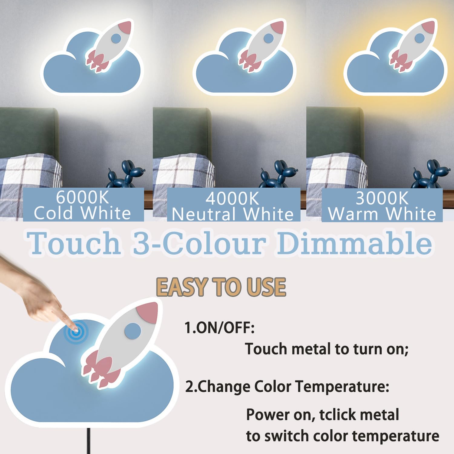 LED Wandlampe mit Touch Schalter Dimmbar Kinder Wolke Wandleuchte mit Stecker Kinderzimmer Nachttischlampe Junge Mädchen Cartoon Wandlicht Acryl Wandbeleuchtung für Schlafzimmer Wohnzimmer Leselampe