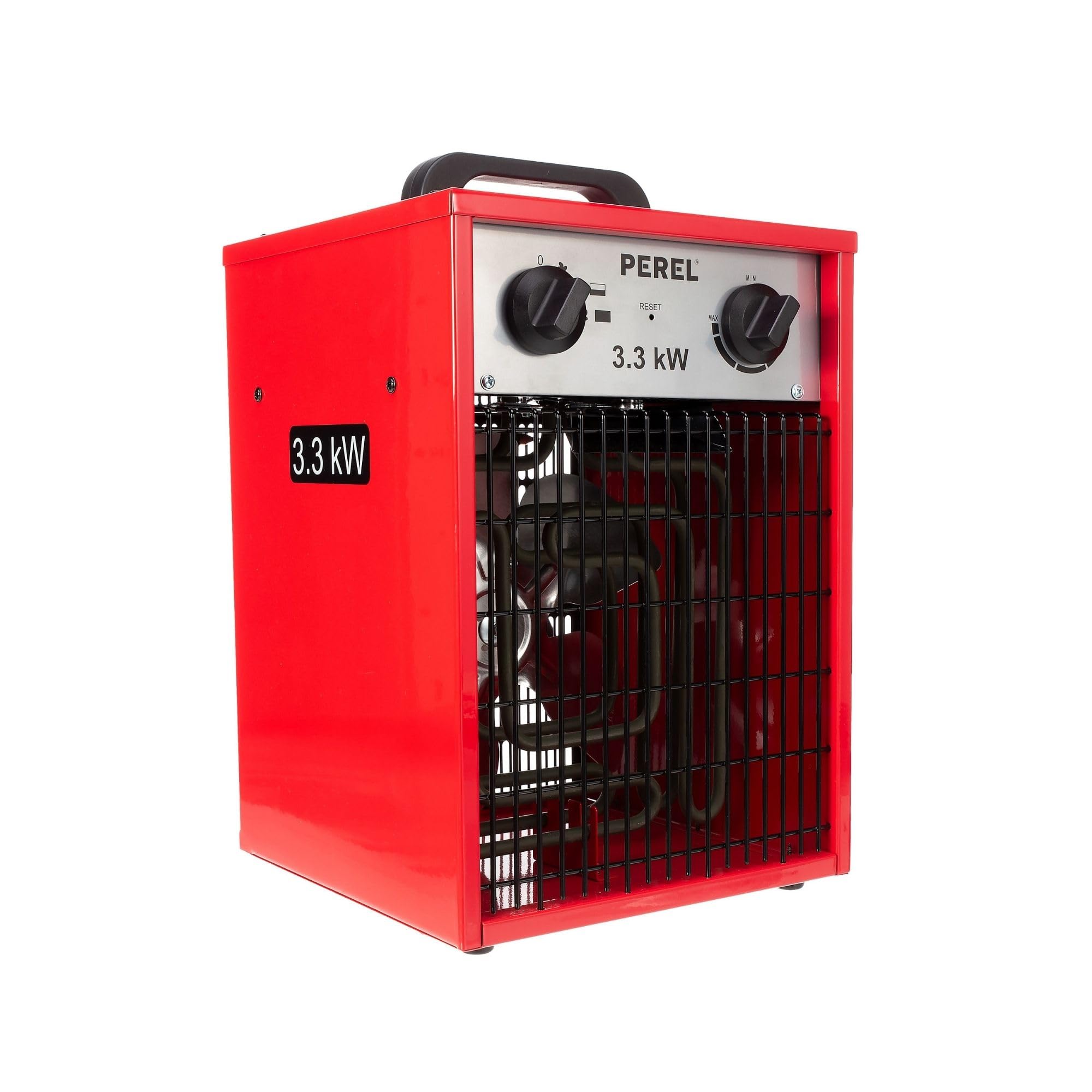 Perel Elektryczny grzejnik wentylatorowy 3300W, 2 poziomy grzania, termostat i funkcja chłodzenia, IP24, zabezpieczenie przed przegrzaniem, kompaktowy przenośny grzejnik do warsztatu, garażu lub