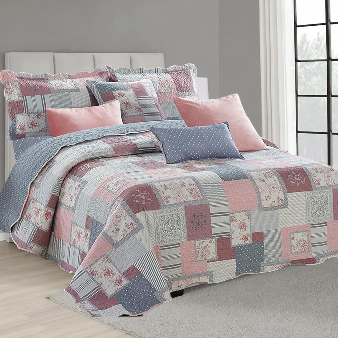 Ziya Homes Fine Décor Double Quilted Reversible Patchwork Bedspread Comforter Bed Throw With Pillow Sham Quilted Coverlet 3-Piece Bedding Set Reversible Cotton Bedsheet