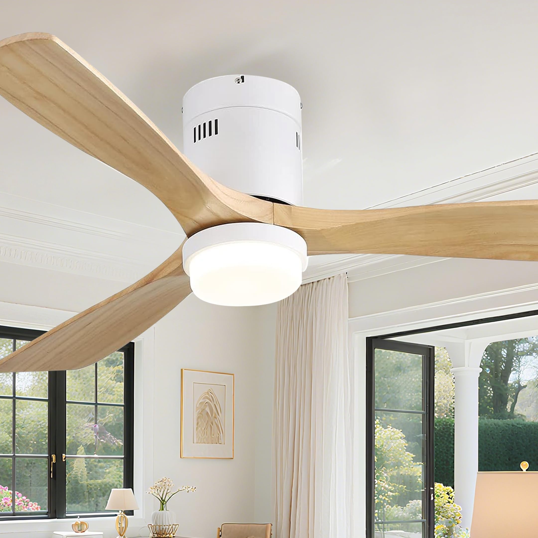 Sofucor Ceiling Fan With Lights 52 Inch Flush Mount Ceiling Fan with Remote Control, Wood Blades Modern Outdoor Ceiling Fans for Bedroom/Farmhouse/Patio/Indoor, Quiet DC Motor