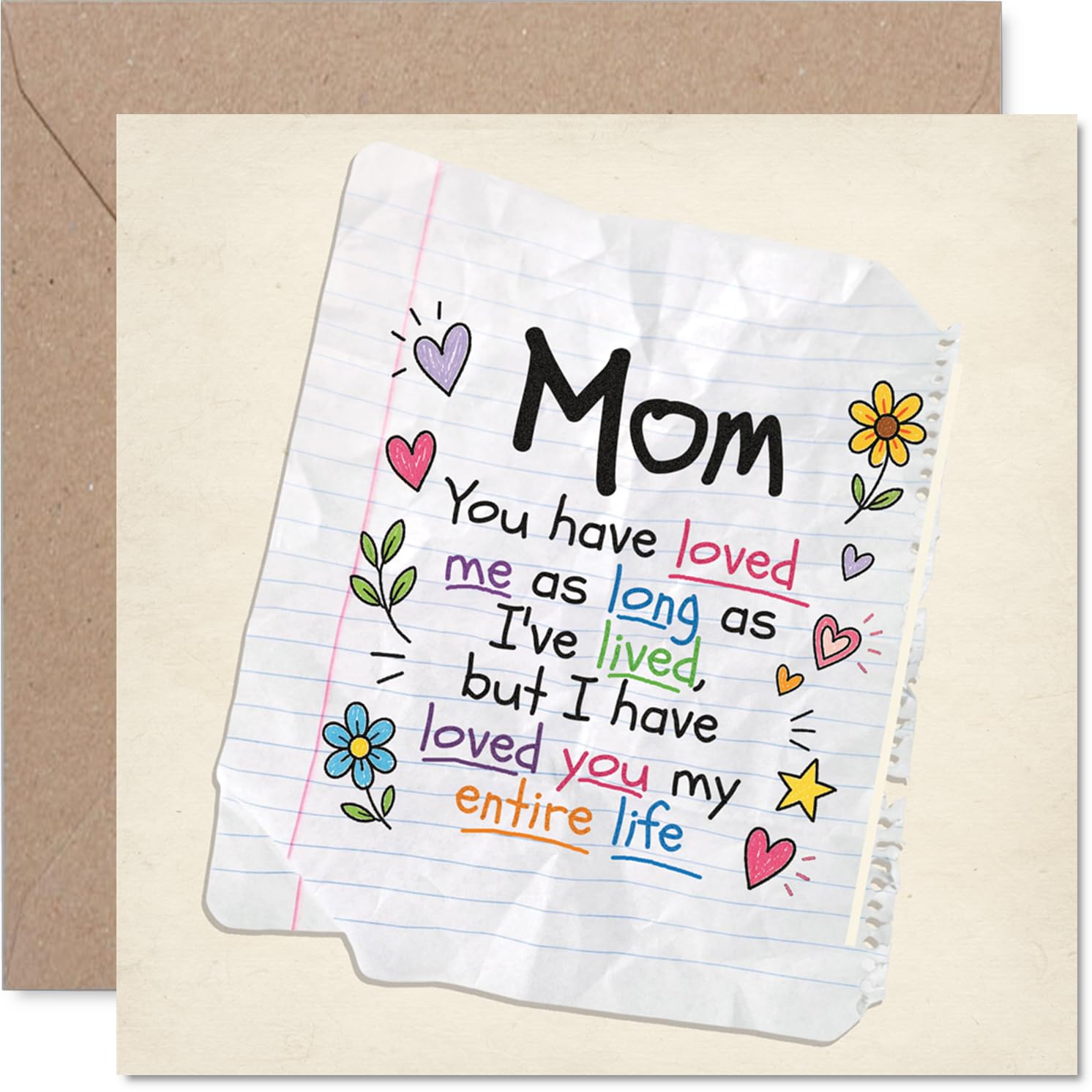 Sentimental Birthday Card for Mom - Heartfelt Words for Mum - Crumpled Notebook Style with Colourful Doodled Hearts and Flowers, Mother's Day - 145mm Square, Envelope Included