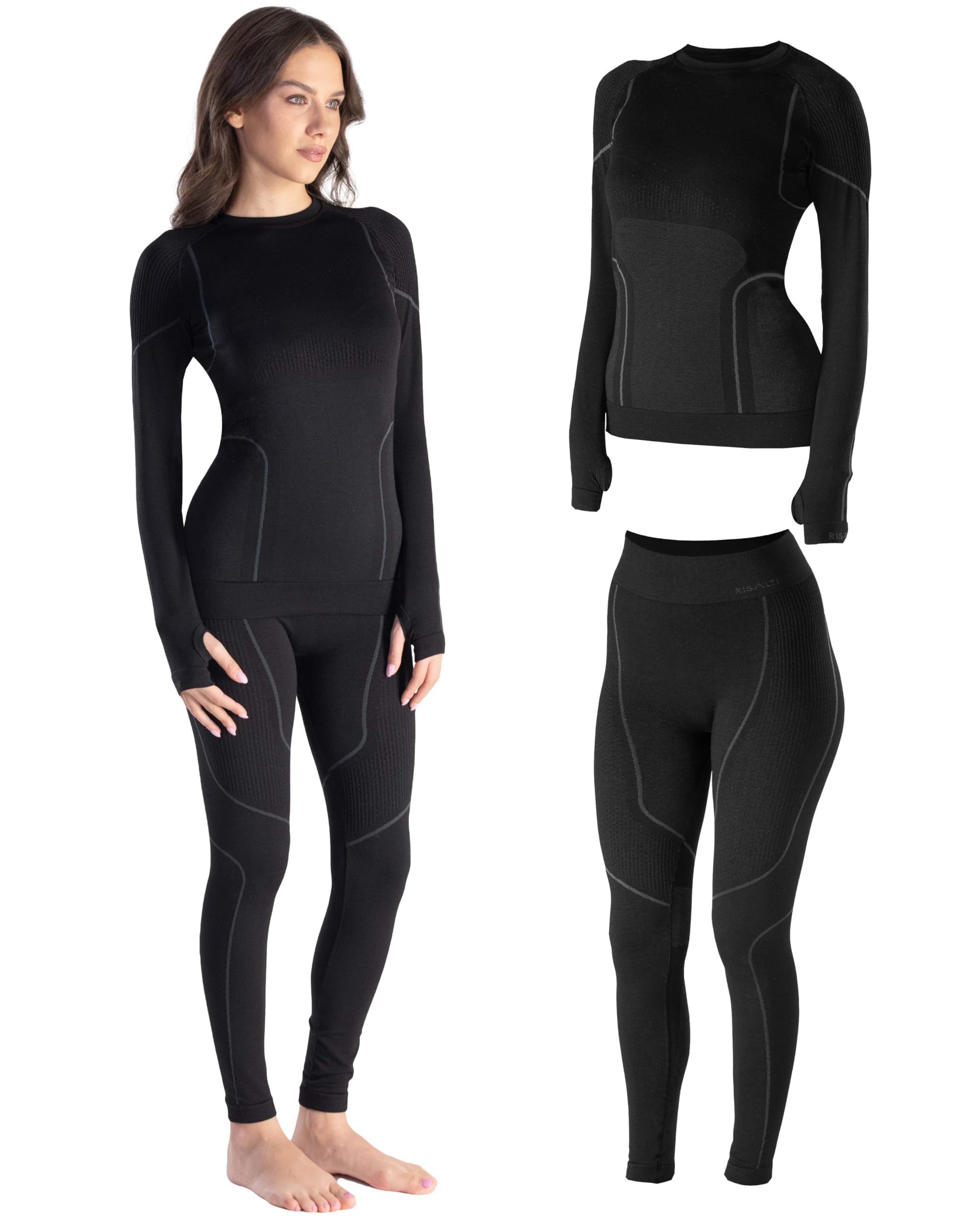 Risalti Tuta Termica Donna Invernale Lana Merino Tech - Completo Maglia Termica Donna e Calzamaglia in Merino Premium e Dryarn, Intimo Seamless, Traspirante e Termoregolante Estremo - Made in Italy