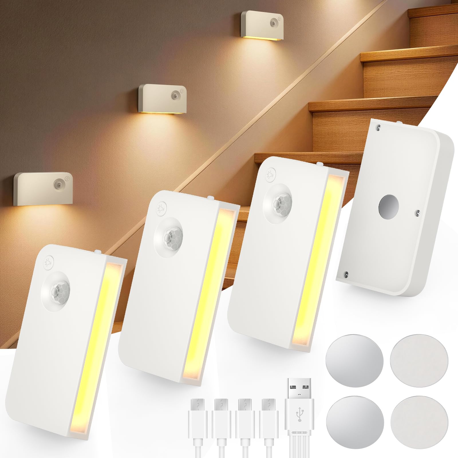 PChero Motion Sensor Night Lights Indoor, 4 Pack USB Rechargeable Dimmable