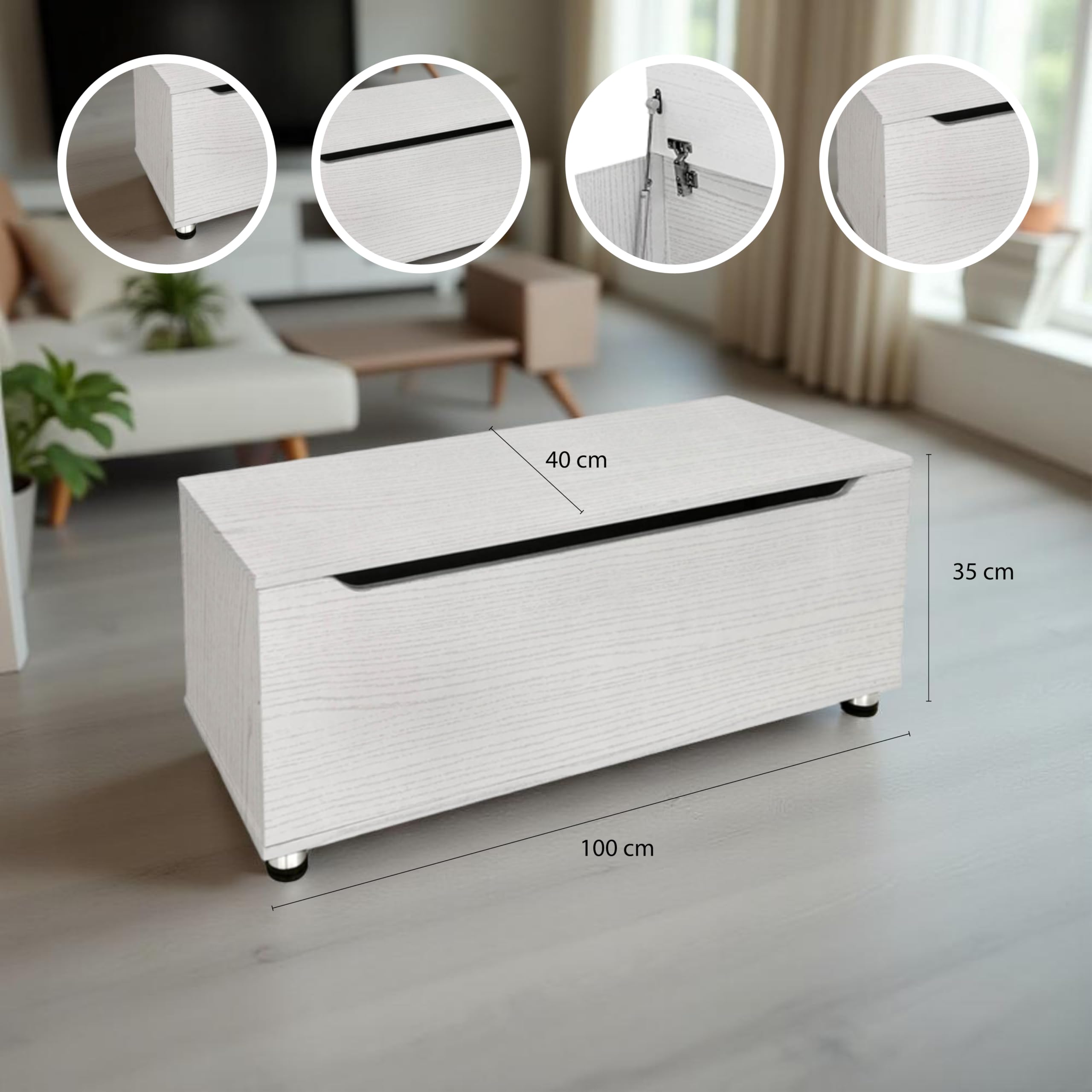 Cassapanca Contenitore Rettangolare in Legno Bianco - Portaogetti, da Ingresso, Poggiapiedi, Salvaspazio, Camera da letto, Soggiorno, Design Moderno, con Venature - 100X40X35h CM