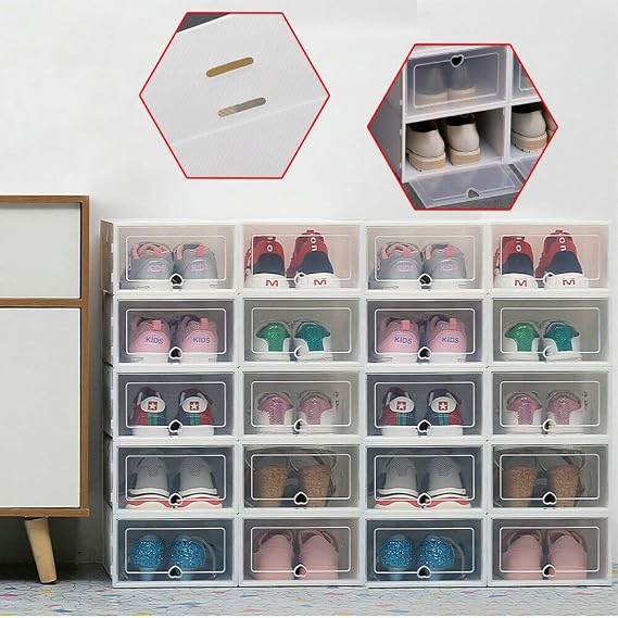 Shoe Organizer 20 Pack Clear Plastic Shoe Storage Foldable Stackable Closet Shoe Organizer Front Opening Shoe Storage Boxes Space Saving for Closet Bedroom
