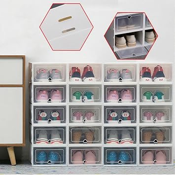 Shoe Organizer 20 Pack Clear Plastic Shoe Storage Foldable Stackable Closet Shoe Organizer Front Opening Shoe Storage Boxes Space Saving for Closet Bedroom
