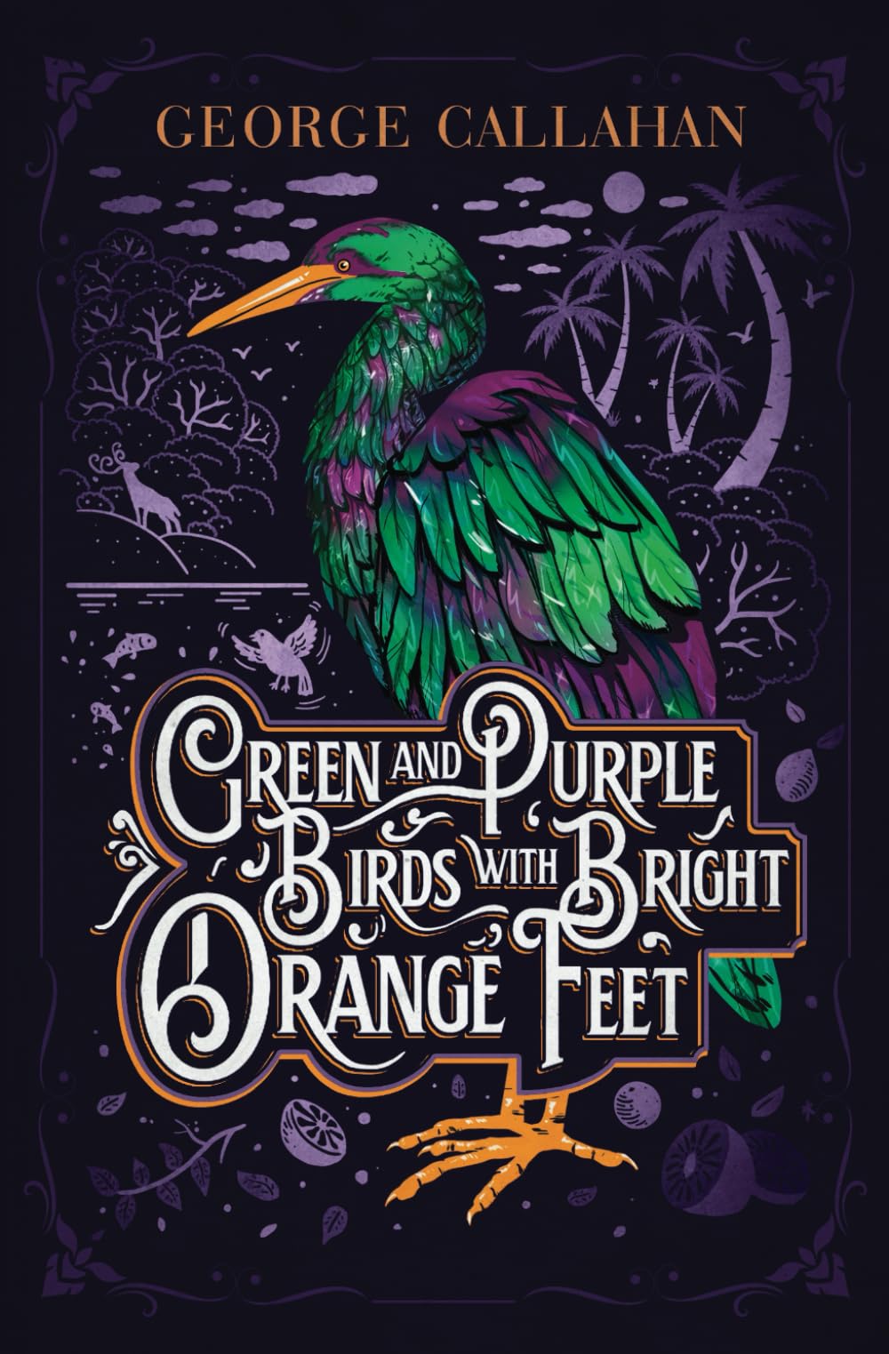 Green and Purple Birds with Bright Orange Feet