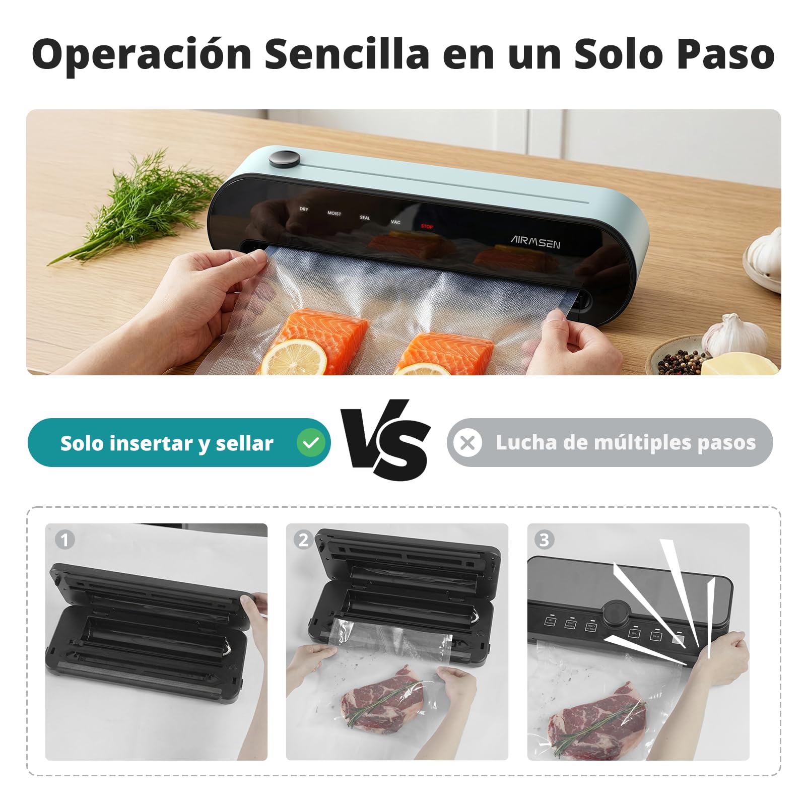 AIRMSEN Envasadora al Vacío 6 en 1 Totalmente Automática con Función de Inflado, Succión Profunda Profesional de Una Mano, Cortador Integrado y Soporte para Tubo, Incluye Bolsas, Verde