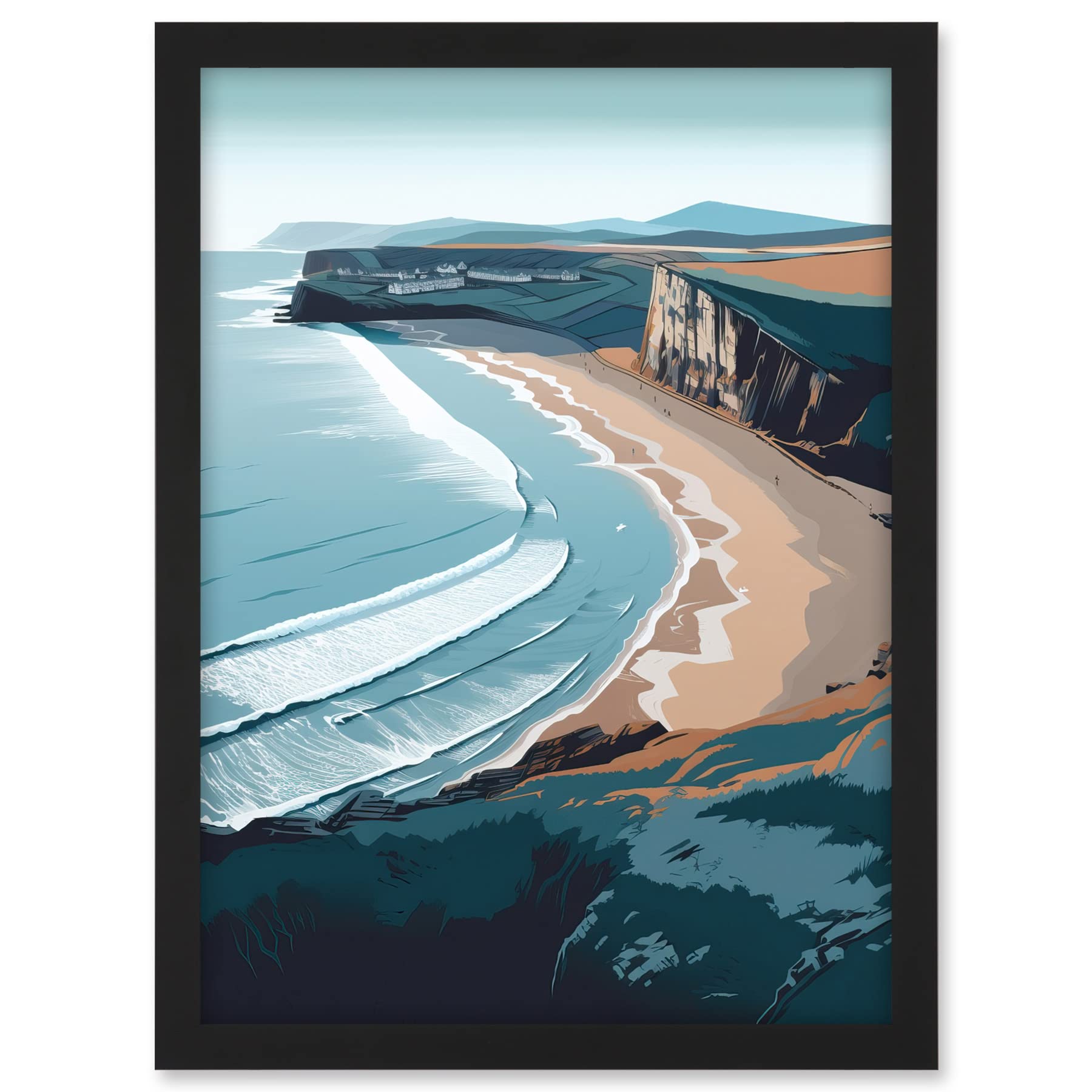 Artery8 Rhossili Bay Cliffs Over Beach Coastal Landscape Artwork Framed A3 Wall Art Print