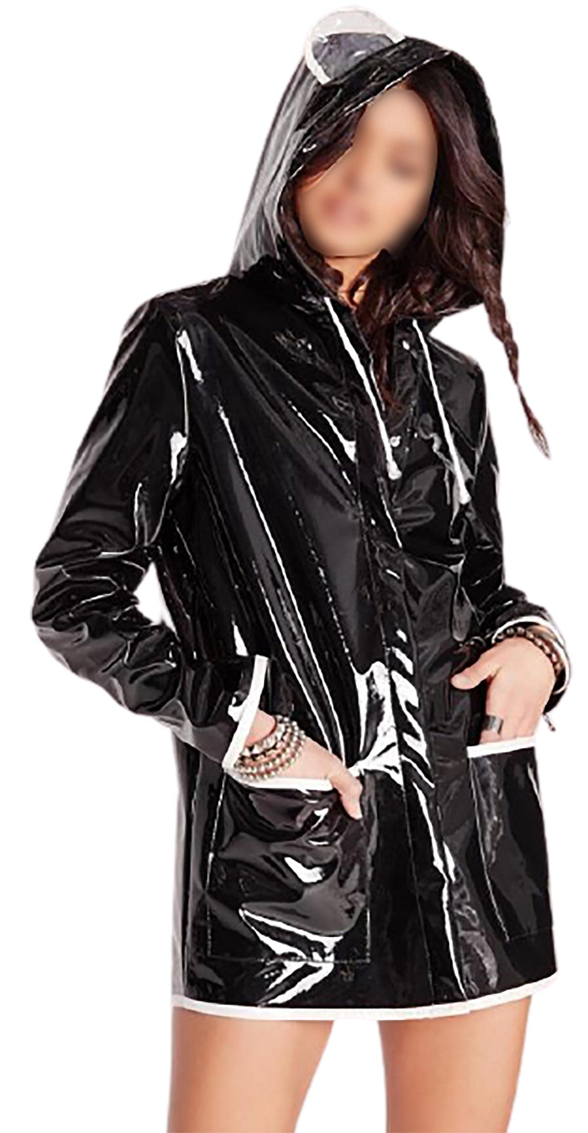 Damen-Outdoor-Kleidung, Vintage-Stil, Schwarz, Wet-Look, kurze PVC-Jacke