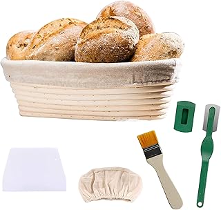Wuudi Panier à Pain Ovale, Banneton Panier 28 x 14 x 8 cm en Rotin Naturel avec Doublure en Tissu, Grattoir à Pâte, Brosse et Couteau pour Pâte à Lever Boulangers Professionnels