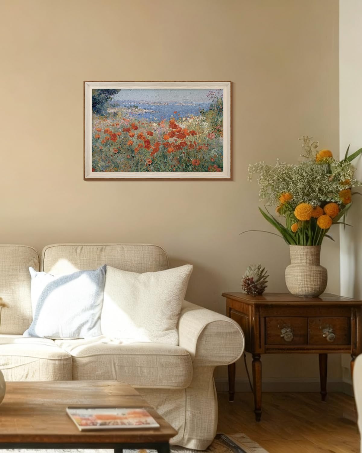 InSimSea Large Framed Vintage Wall Art for Living Room, Coastal Flower Wall Art Canvas Prints Painting Picture Landscape Retro Vintage Room Decor Aesthetic Bedroom, Wildflower Field,24 x 36 Inch
