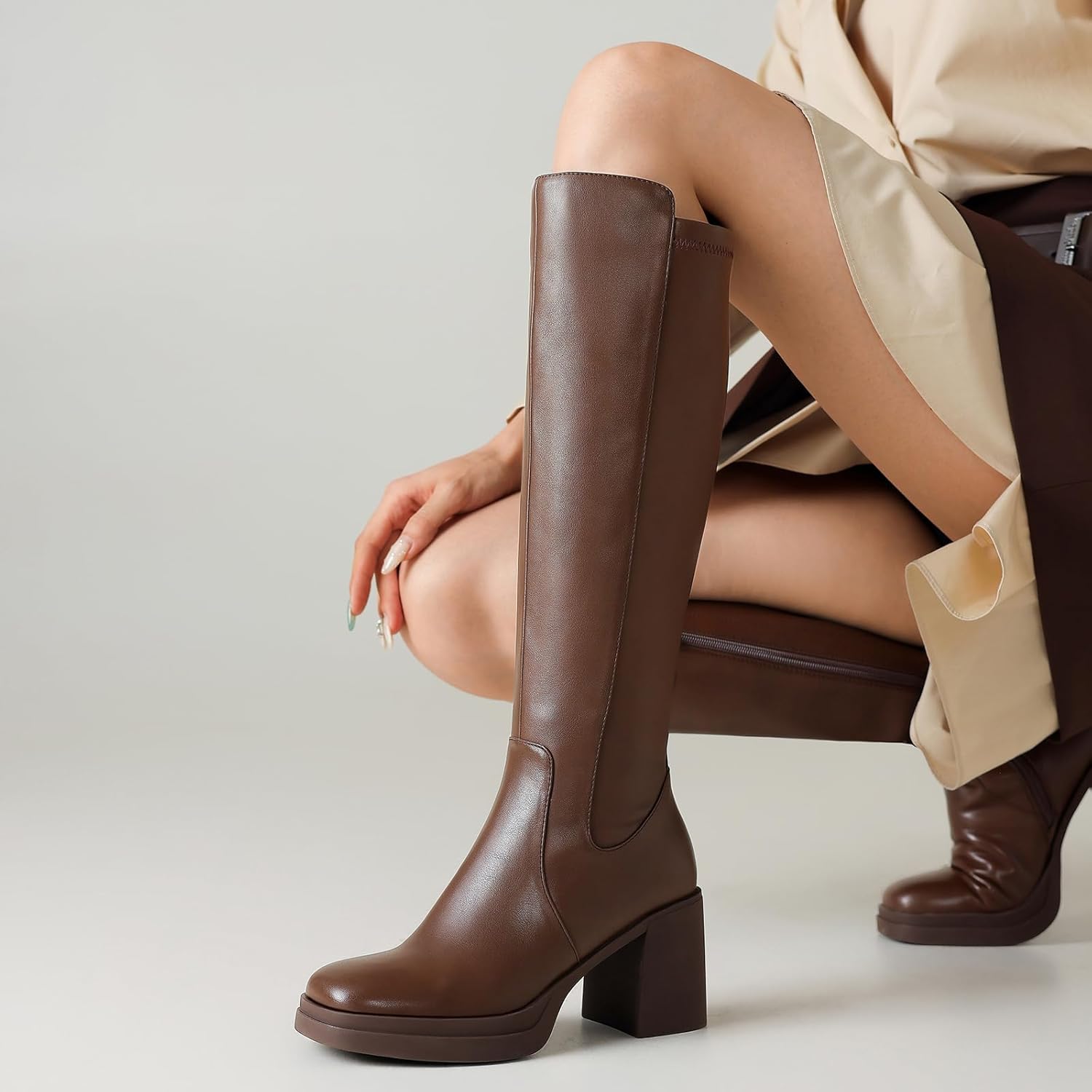 Knee High Boots Women Platform Chunky Heel Square Toe Tall Boot for Women High Heeled Side Zipper Long Boots