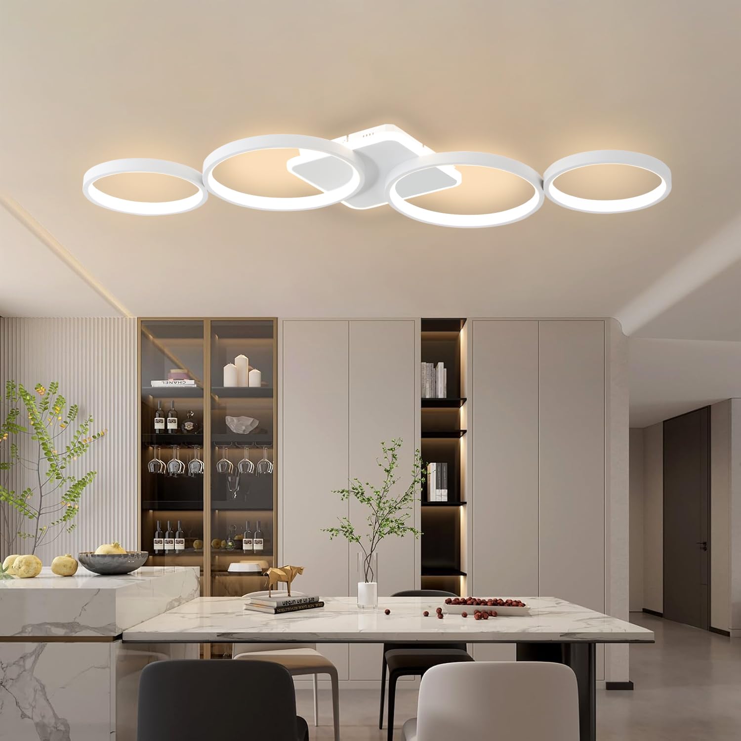94cm Lámpara de Techo LED Regulable Lampara Techo 54W Blanco | Lámpara de Dormitorio con Mando a Distancia APP, Iluminación de Techo Moderna con Redonda de 4 Anillos para Salón