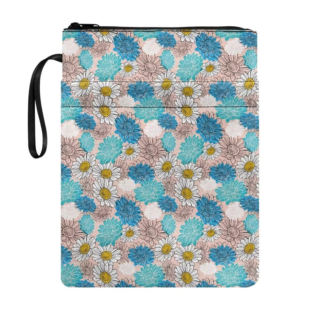 Portable Book Sleeve Blue White Daisy Washable Carrier Book Sox Book Protector Zip Protector Paperback Cover for Textbook
