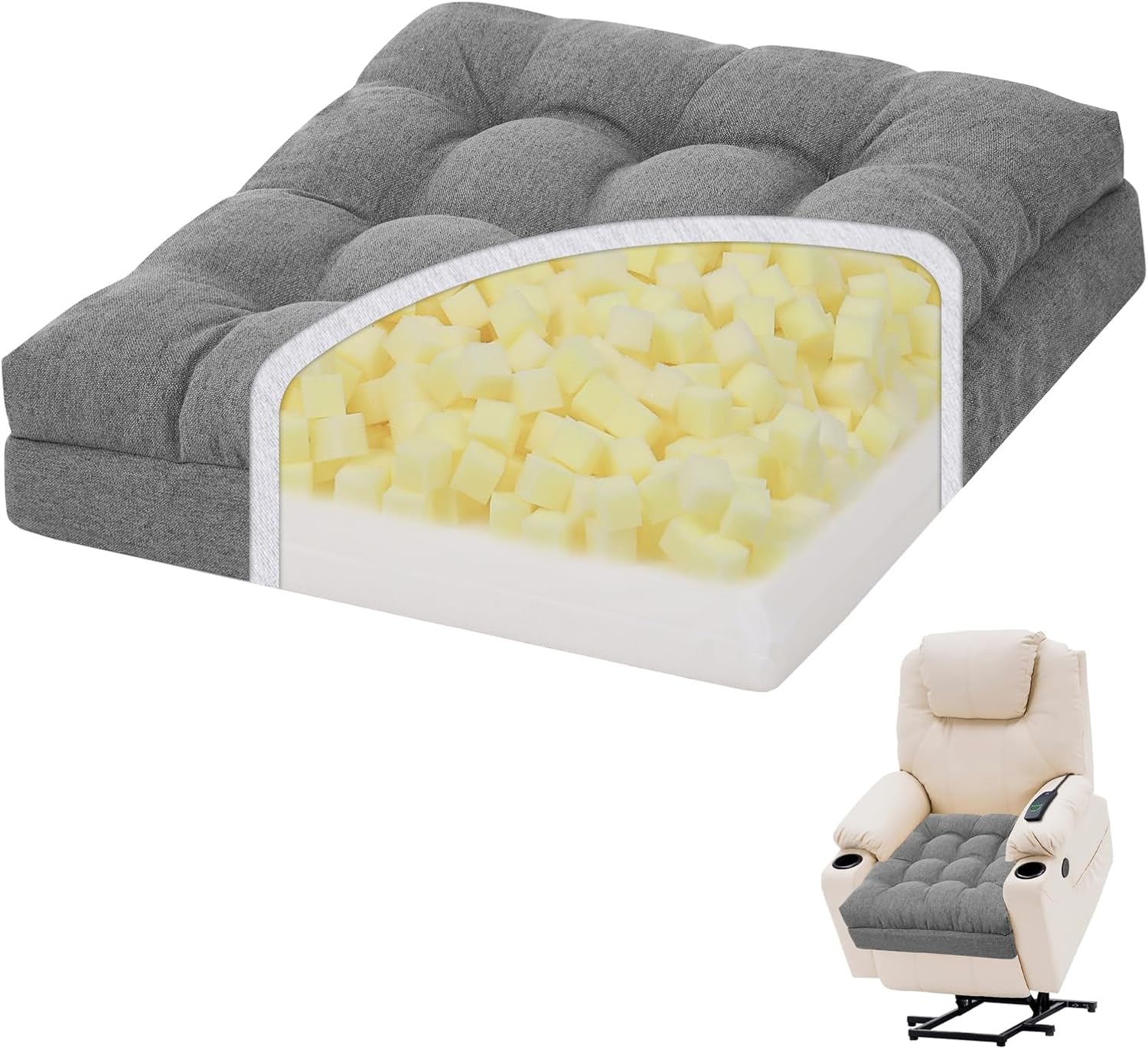baibu Large Memory Foam Recliner Cushions for Elderly, 20x20x5 Inch Thick Dual-Layer Patent Design Non-Slip Recliner Seat Cushion for Couch for Easy to Stand Up & Reduce Hip & Lumbar Pain, Dark Grey