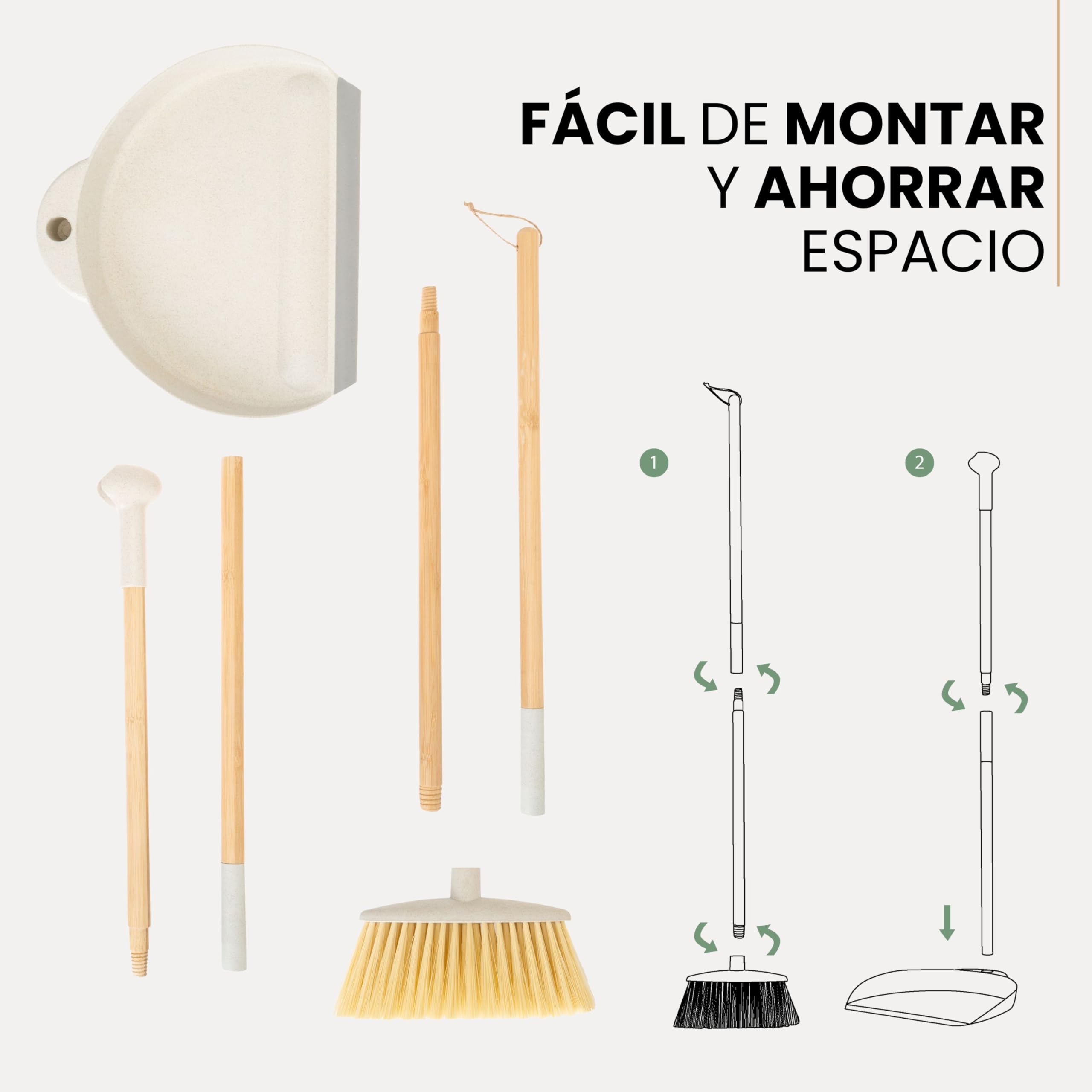 Vigar Zeroline Escoba y Recogedor Mini Desmontable Sistema Clic, Mango Bambú Natural con Regleta Goma, Cepillo Barrer Broom and Dustpan Set Compacto para Limpieza Hogar Cocina Interior, Gris
