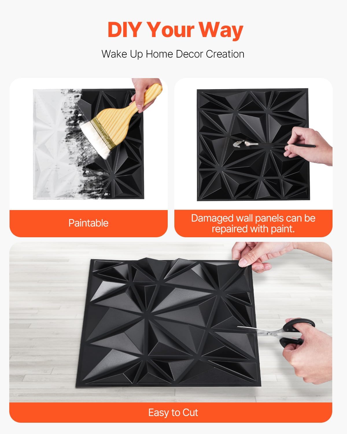VEVOR 3D Wall Panels, 33-Pack 11.81 x 11.81 in PVC Modern Art Minimalist Diamond Tiles, 32 Sq.Ft Coverage Accent Wall Panel, Interior Home Decor for Ceiling, Bedroom, Living & Gaming Room, Matte Black