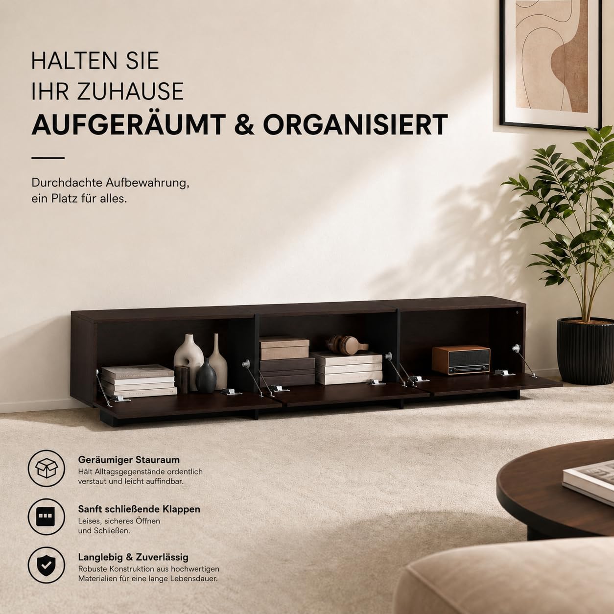 Lowboard Braun 180cm – TV-Schrank mit 3 Klappen & Metallrahmen, 38cm niedrig – Fernsehtisch als TV-Bank für Wohnzimmer & Schlafzimmer, 180×38×30cm