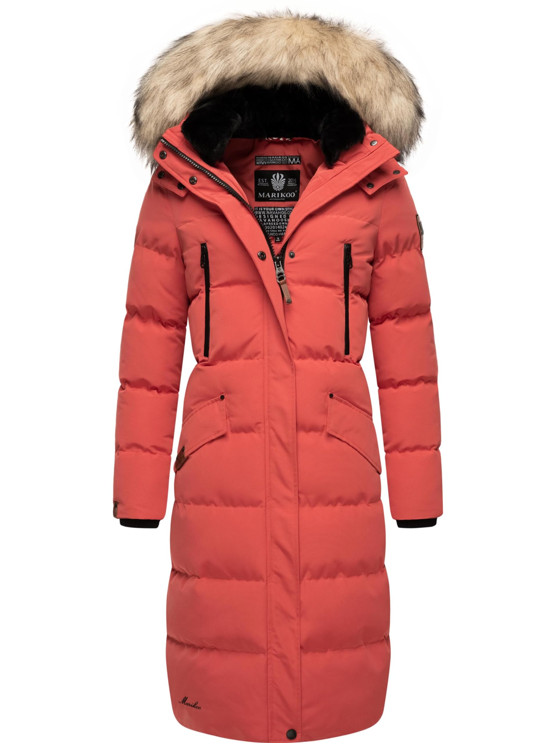 Marikoo Women's Red Winter Coat, Warm Quilted Coat, Long With Removable Faux Fur And Hood, Snow Star, Xs–Xxl, M