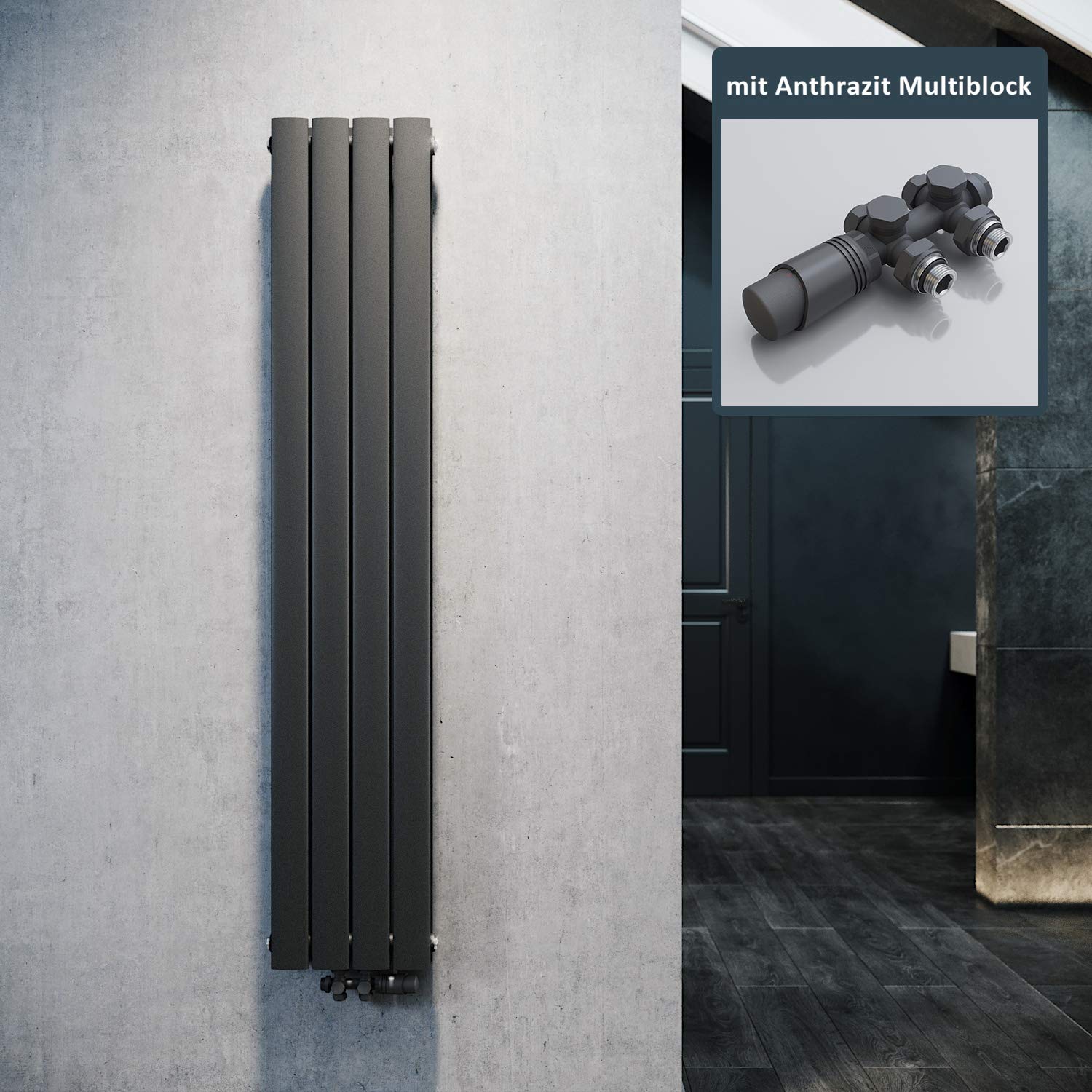 ELEGANT Design Heizkörper Flach 1600x308mm mit Anthrazit Multiblock Thermostat Flachheizkörper Anthrazit Doppellagig Vertikal Heizkörper Mittelanschluss