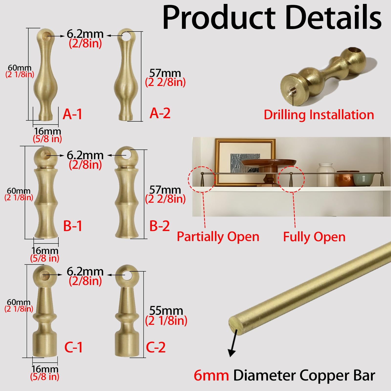 Genérico Rieles y Conectores de Tubo Redondo de Cobre Macizo para estantes: Soporte Duradero, Elegante y Resistente a la corrosión para estanterías de hogar y Oficina, fácil instala