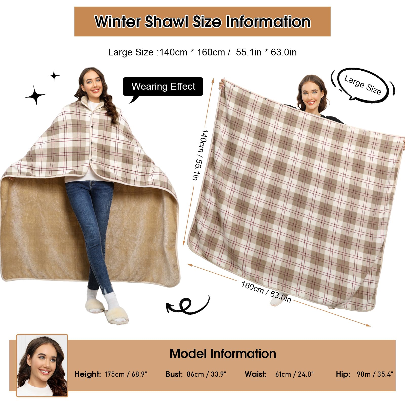 heekpek Femmes Ponchos Multiway Sherpa Polaire Châles Wraps Hiver Chaud Doux Grosse Cape avec Boutons Couverture À Carreaux Poncho Surdimensionné pour La Maison Bureau École